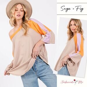 SAGE + FIG Color Block Curved Hem Cotton Knit Relaxed Fit T-Shirt | Latte